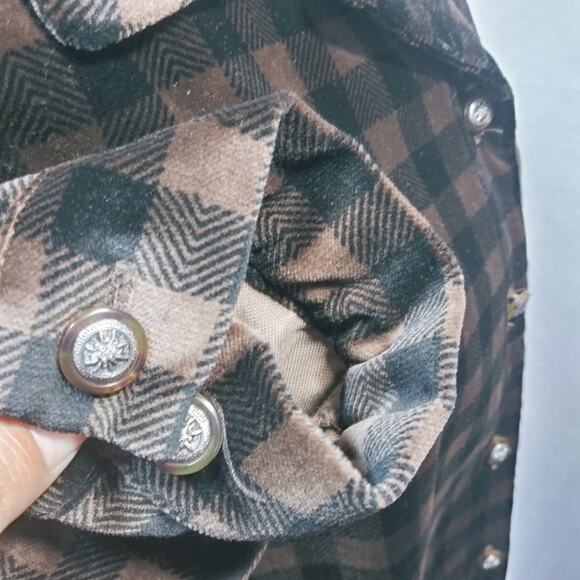 Coldwater Creek Brown Black Plaid Velvet Button Front Shacket Size L - Picture 7 of 11